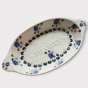 Anthropologie SAY CHEESE Handpainted Lucerne Gratin Baking Dish Orange Blue